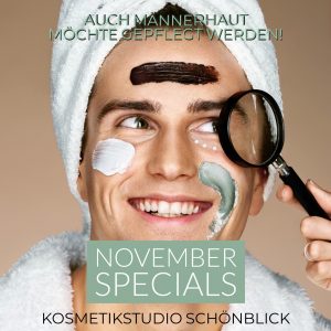 Mann Gesichtsmaske Handtuch im Haar Lupe Kosmetikstudio Schönblick